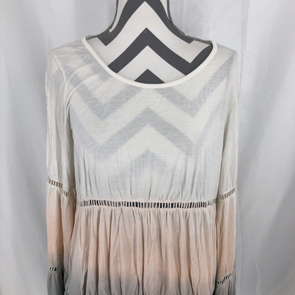 Han Fei Er White Pink Gray Ombre Long Sleeve Flowy Tunic Shirt 2XL